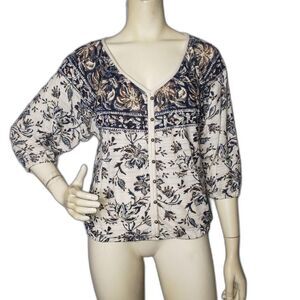 Lucky Brand Shirt Womens Small Cream Blue Floral Button Front 3/4 Sleeve Boho